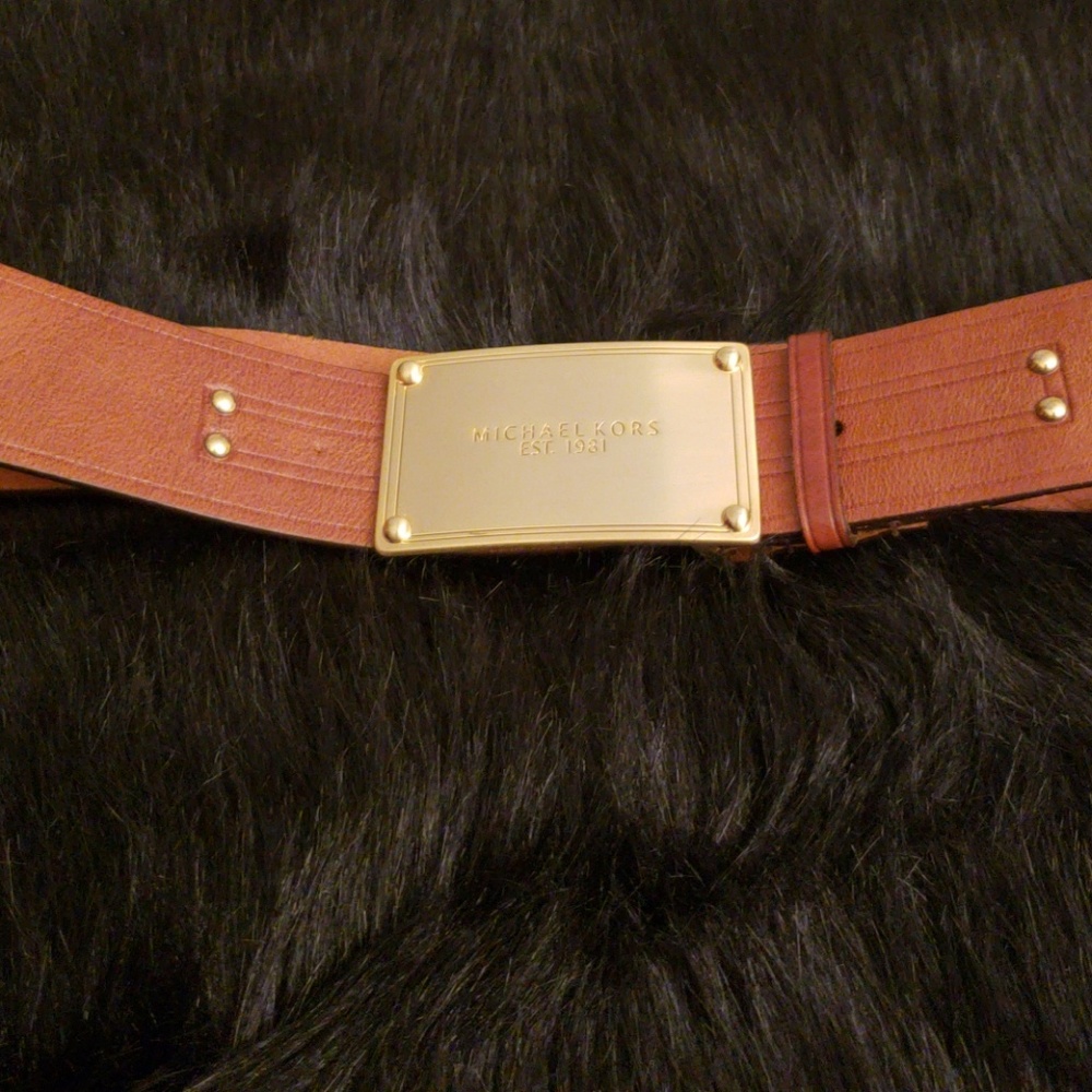 Michael Kors Tan Gold Large Nameplate Buckle Belt